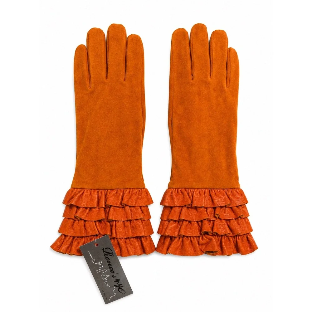 Renee's NYC Orange Suede Gloves Tiered Leather Ruffle Cuff Mid Length NWT